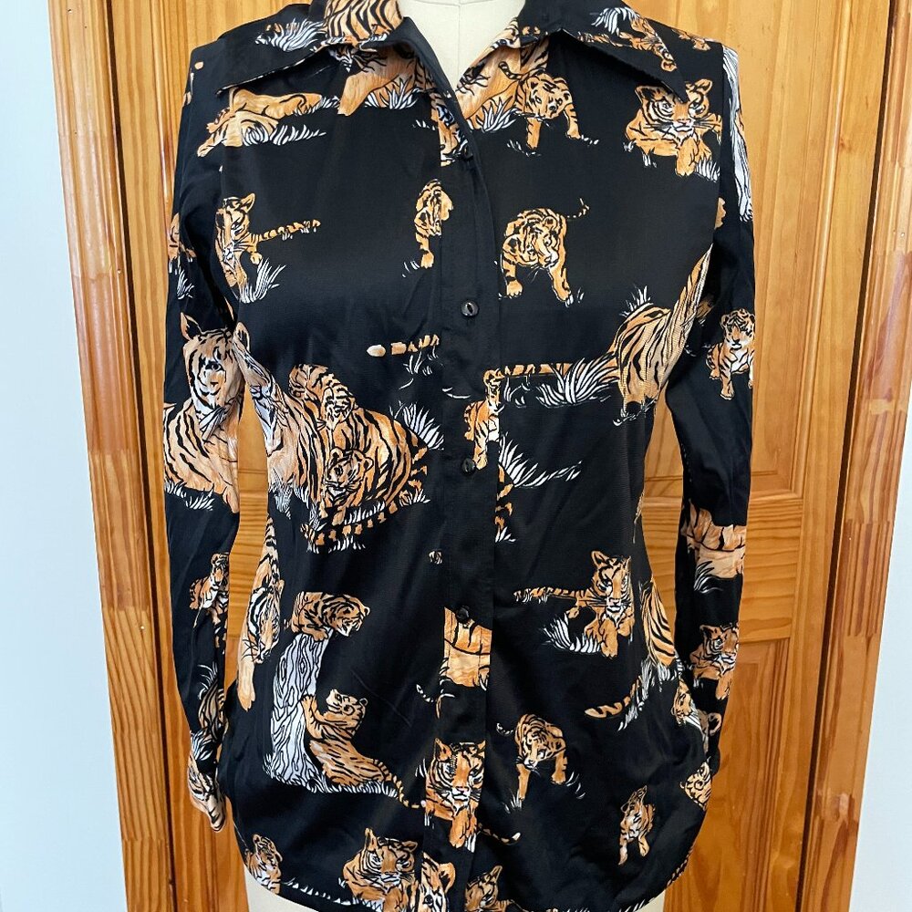 Vintage 1970s Unisex The Twins Inc. Miami Polyester Tiger Button Up Shirt